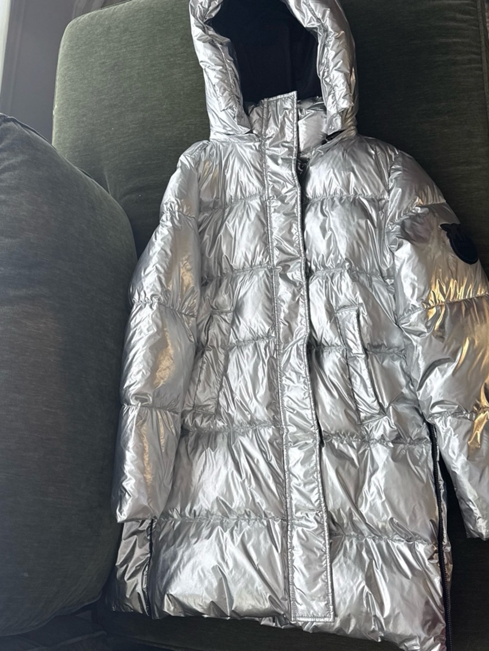 Pinko Metallic Silver Hooded Puffer Coat